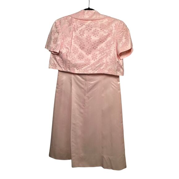 Vintage 50s Pink Satin Dress Bolero Set L Floral Brocade Cocktail Party Formal - Picture 12 of 16